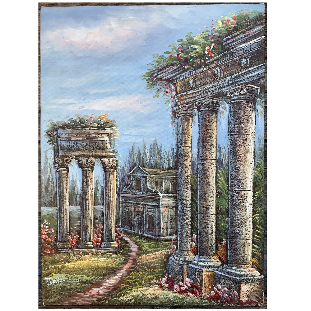 Oil Canvas Painting Signed Stephen Ancient Ruins